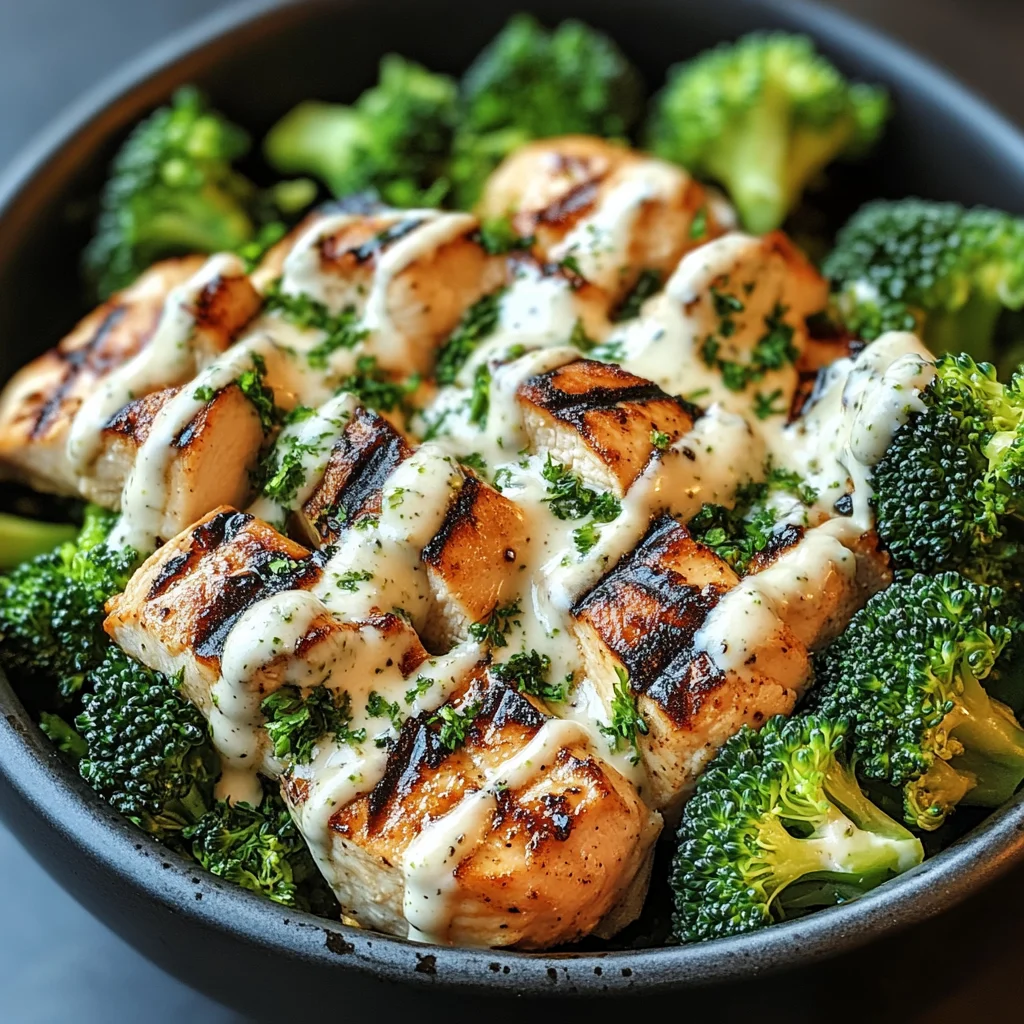 Grilled Chicken & Broccoli Bowls with Creamy Garlic Sauce