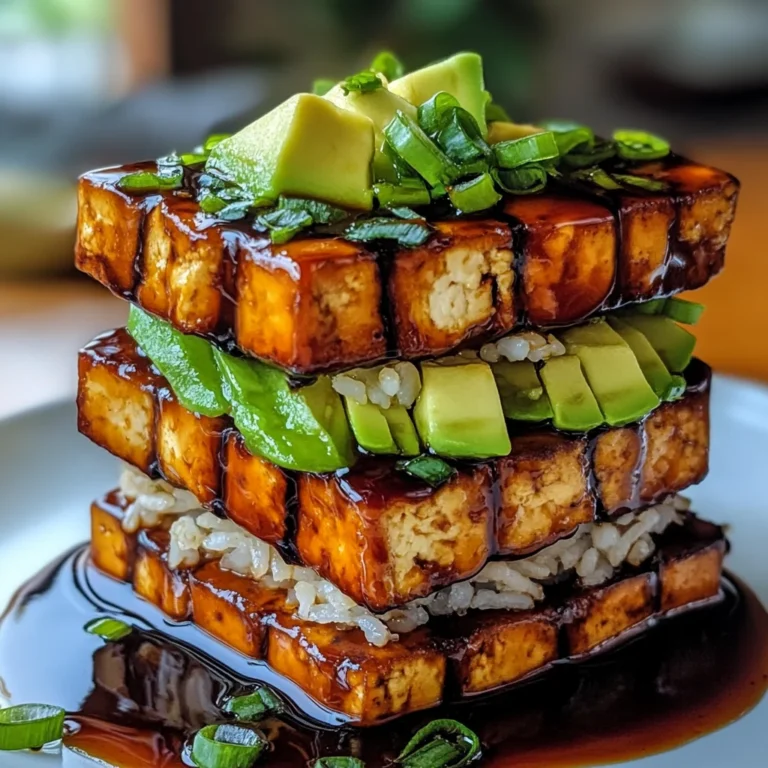 Crispy Teriyaki Tofu and Avocado Rice Stack