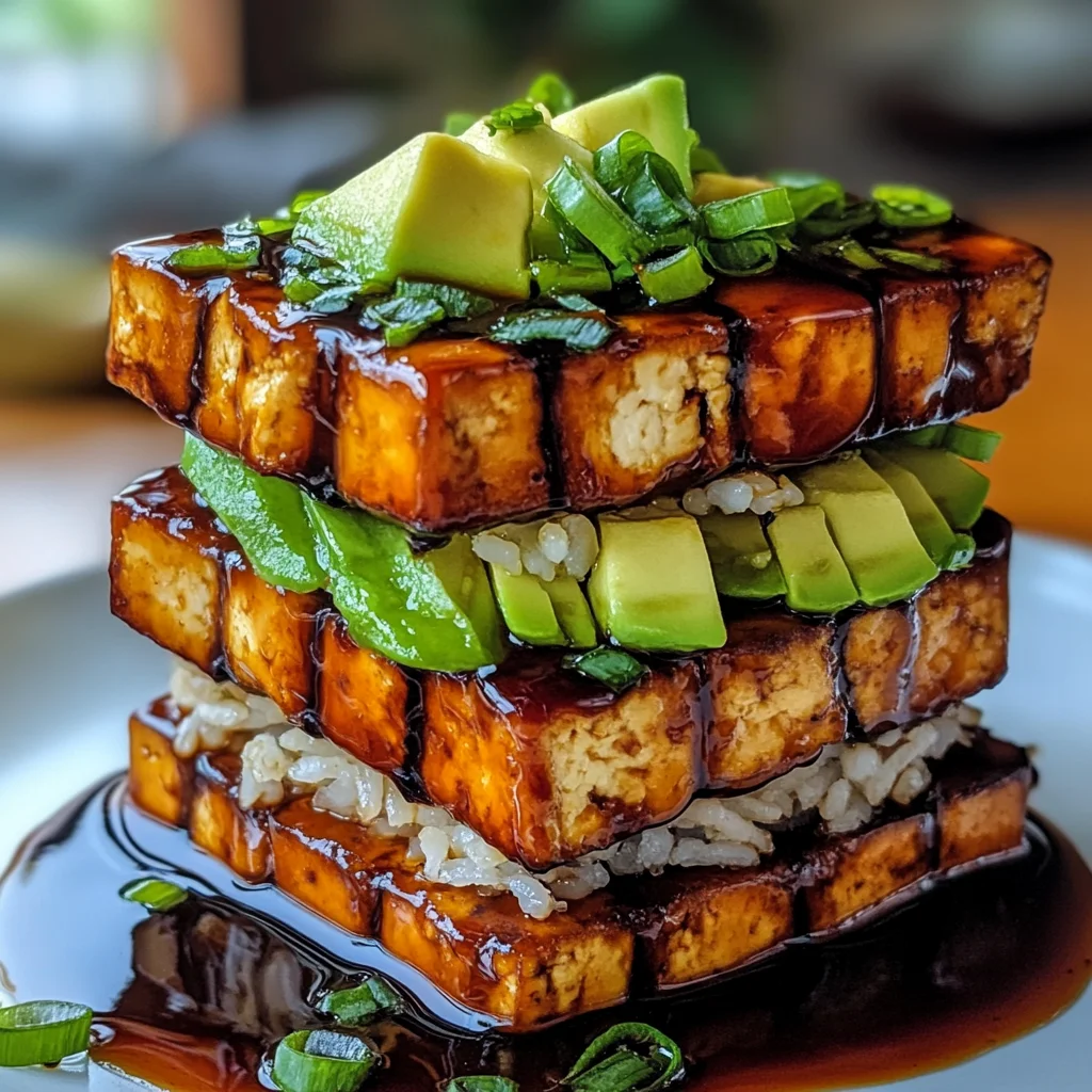 Crispy Teriyaki Tofu and Avocado Rice Stack