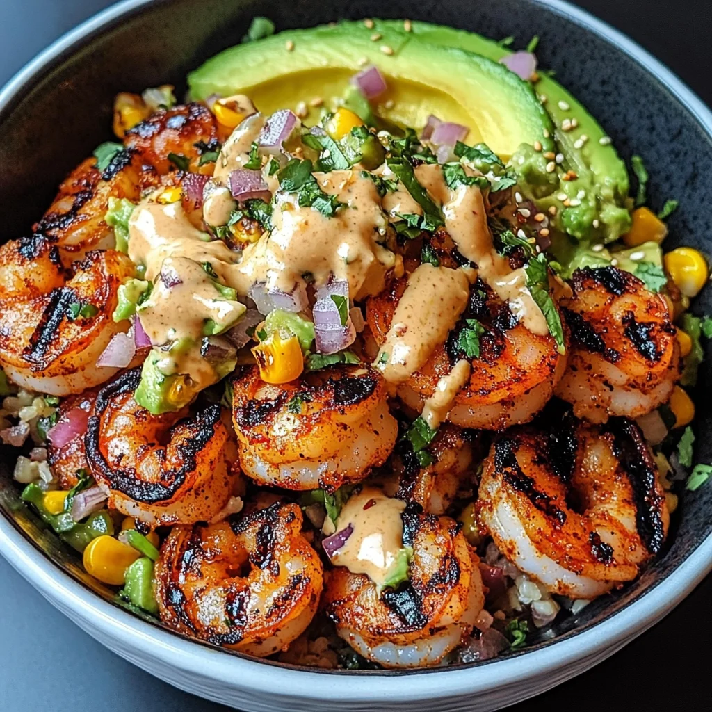 Grilled Shrimp Bowl with Avocado, Corn Salsa & Creamy Garlic Sauce