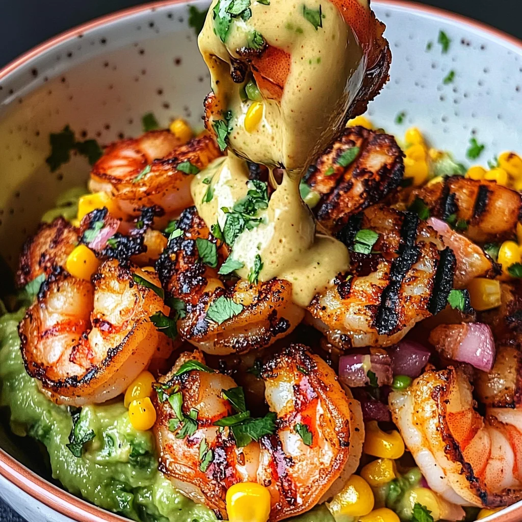 Grilled Shrimp Bowl with Avocado, Corn Salsa & Creamy Sauce