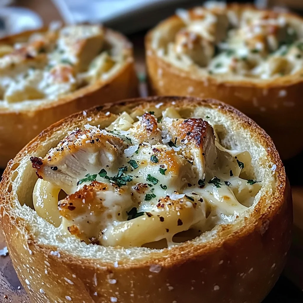 Chicken Alfredo Garlic Bread Bowls