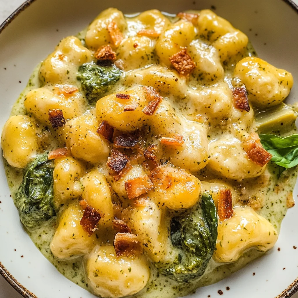 Creamy Pesto Gnocchi with Spinach and Artichokes