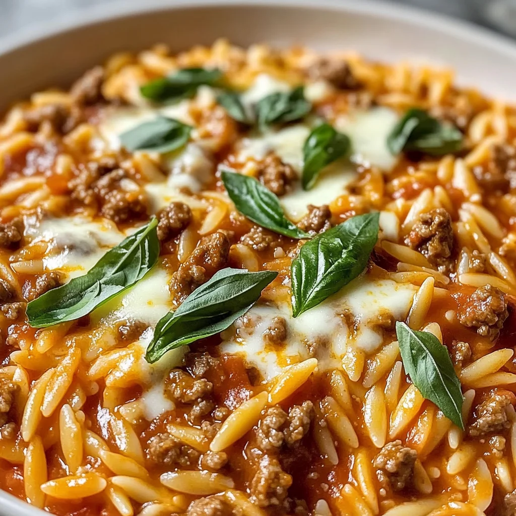 Ground Beef Orzo with Tomato Cream Sauce